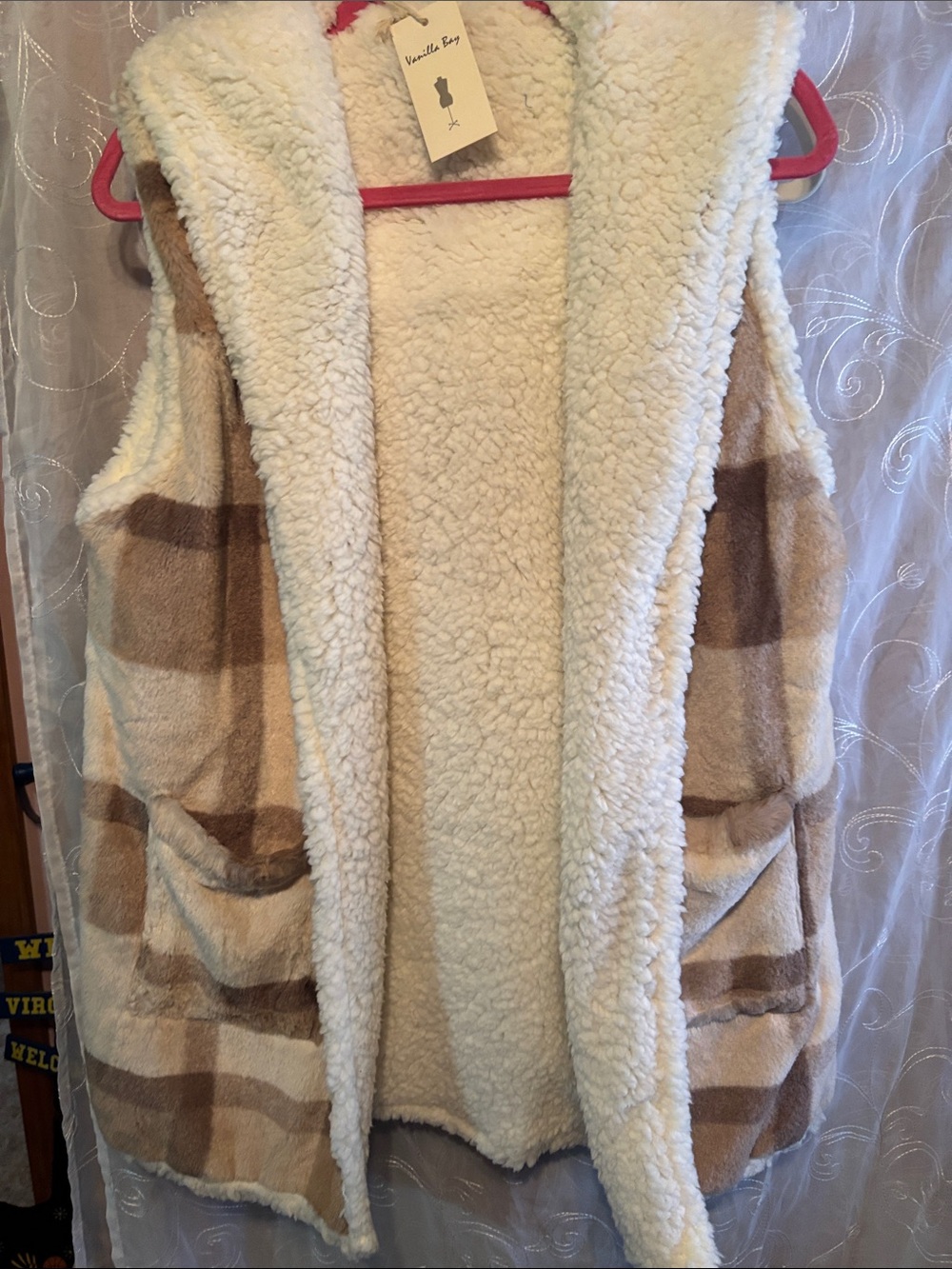 Vanilla Bay Cozy Sherpa-Lined Plaid Vest in Cream and Tan
